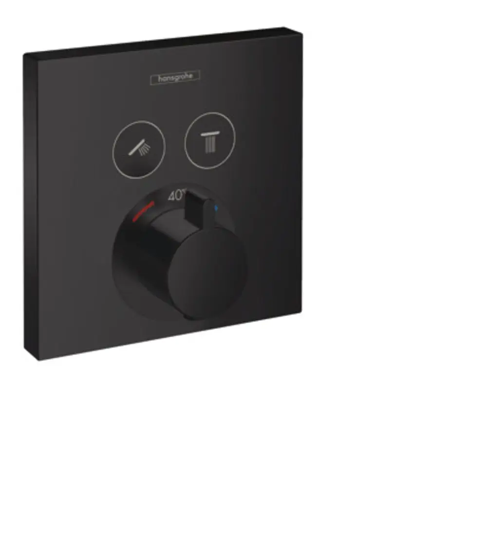 Schwarze Thermostatsteuerung von Hansgrohe für eine Unterputzinstallation, ausgestattet mit einem Drehregler zur Temperatureinstellung und Schaltflächen für zwei Wasserverbraucher.